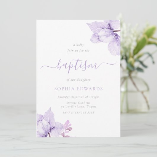  Paarse Bloemen Meisjes Doop Kaart (Staand voorkant)