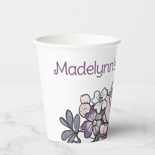 Paarse Bloemen Meisjes Verjaardagsfeest Papieren Bekers (Voorkant)