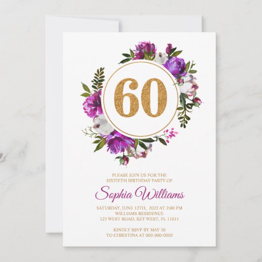 paarse bloemen met 60e verjaardag uitnodiging (Voorkant)