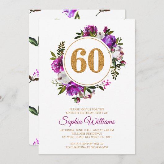 paarse bloemen met 60e verjaardag uitnodiging (Voorkant / Achterkant)