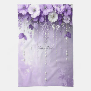 Paarse Bloemen met Afhangende Parels Keukenhanddoe Theedoek