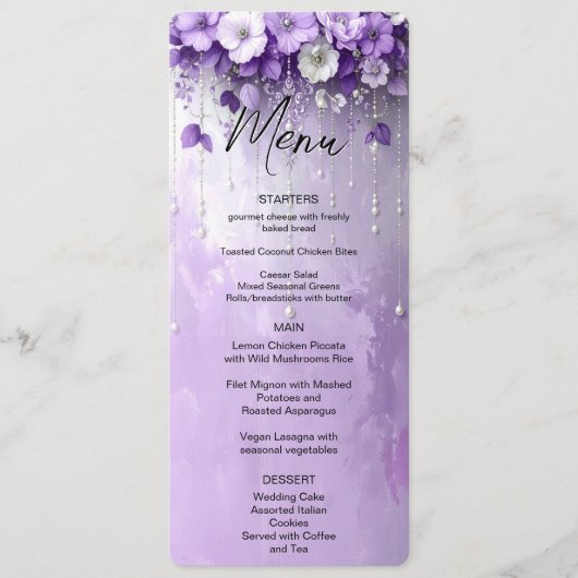 Paarse Bloemen met Afhangende Parels Menu (Voorkant)