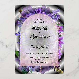 Paarse bloemen met complexe achtergrond / minimali folie uitnodiging