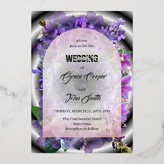 Paarse bloemen met complexe achtergrond / minimali folie uitnodiging (Voorkant)