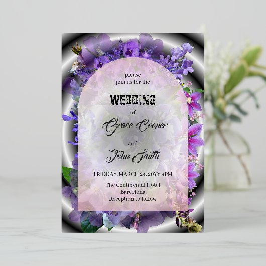 Paarse bloemen met complexe achtergrond / minimali folie uitnodiging (Staand Voorkant)