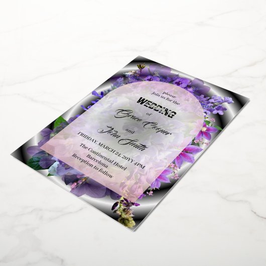 Paarse bloemen met complexe achtergrond / minimali folie uitnodiging (Gedraaid)