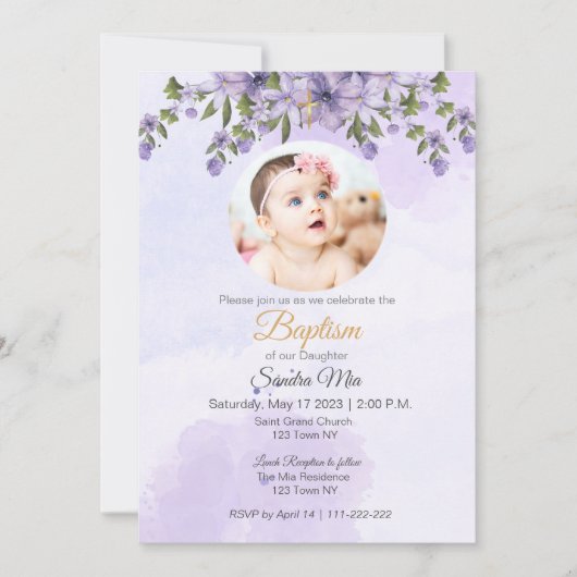 Paarse Bloemen met Fotodoop Uitnodiging (Voorkant)