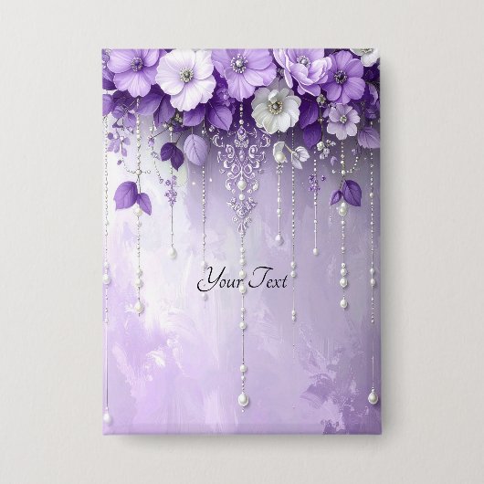 Paarse Bloemen met Hangende Parels Knop Button (Voorkant)