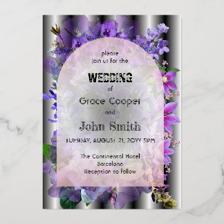 paarse bloemen met illusionaire achtergrond folie uitnodiging