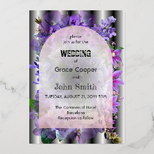 paarse bloemen met illusionaire achtergrond folie uitnodiging (Voorkant)