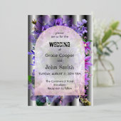 paarse bloemen met illusionaire achtergrond folie uitnodiging (Staand Voorkant)