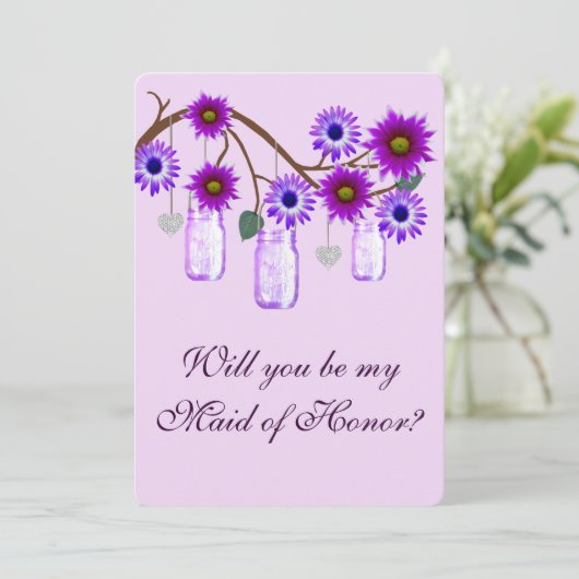 Paarse Bloemen Metselaars Potten Trouvrouw Kaart (Staand voorkant)