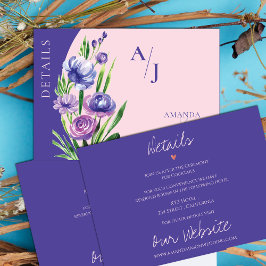 Paarse Bloemen Monogram Blush Roze Bruiloft Detail Informatiekaartje