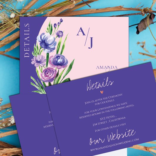 Paarse Bloemen Monogram Blush Roze Bruiloft Detail Informatiekaartje