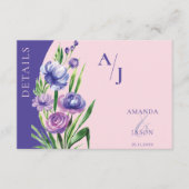 Paarse Bloemen Monogram Blush Roze Bruiloft Detail Informatiekaartje (Voorkant)
