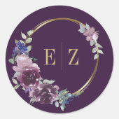 Paarse Bloemen Monogram Boho Goud Lijst Bruiloft Ronde Sticker (Voorkant)
