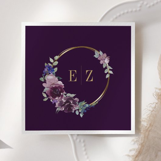 Paarse Bloemen Monogram Boho Goud Lijst Bruiloft Servet