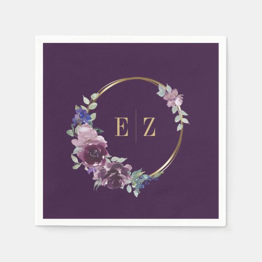 Paarse Bloemen Monogram Boho Goud Lijst Bruiloft Servet (Voorkant)