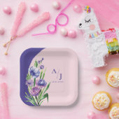 Paarse Bloemen Monogram Elegant Blush bruiloft Papieren Bordje (Feest)