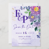 Paarse Bloemen Monogram Huwelijk Save The Date (Voorkant)