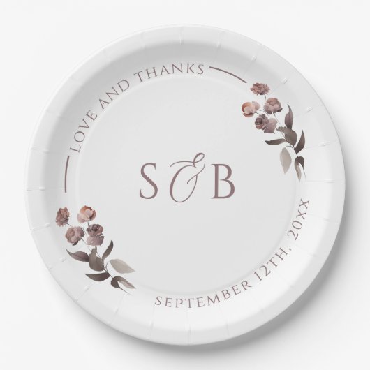 Paarse Bloemen Monogram Initialen bruiloft Papieren Bordje (Voorkant)