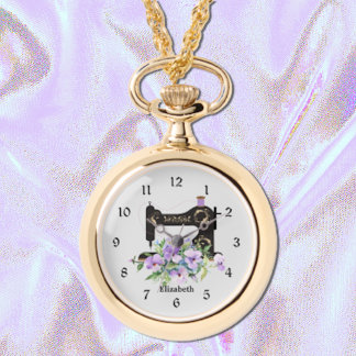 Paarse Bloemen Naaimachine Ketting Horloge