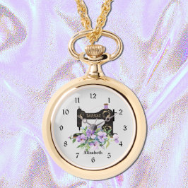 Paarse Bloemen Naaimachine Ketting Horloge
