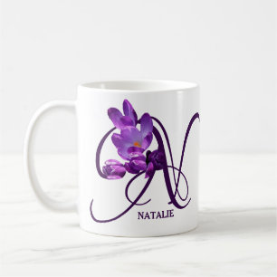  paarse bloemen Natalie naam monogram Koffiemok