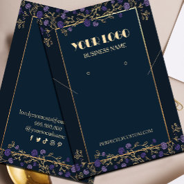 Paarse Bloemen Navy Blauw en Gouden Ketting Oorbel Visitekaartje