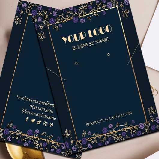 Paarse Bloemen Navy Blauw en Gouden Ketting Oorbel Visitekaartje