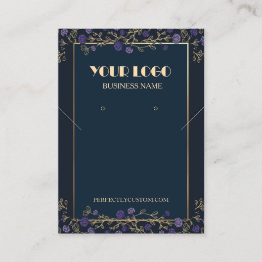 Paarse Bloemen Navy Blauw en Gouden Ketting Oorbel Visitekaartje (Voorkant)
