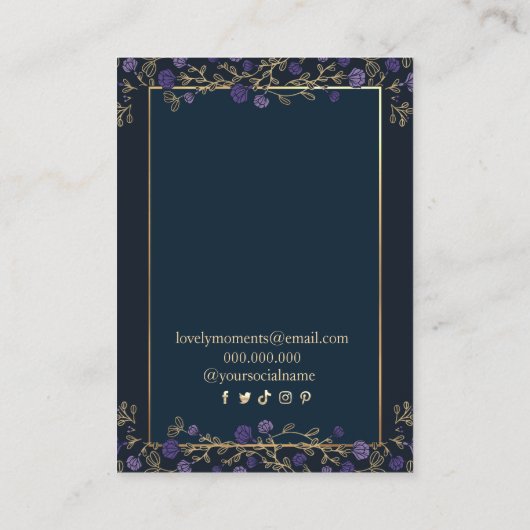 Paarse Bloemen Navy Blauw en Gouden Ketting Oorbel Visitekaartje (Achterkant)