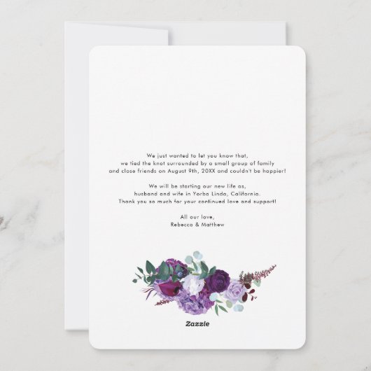 Paarse bloemen net getrouwd script bruiloft foto feestdagenkaart (Achterkant)