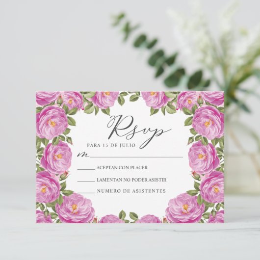 Paarse Bloemen Nuestra Boda Spaans Bruiloft RSVP Kaart (Staand voorkant)