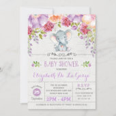 Paarse Bloemen Olifant Baby Meisje Douche Uitnodig Kaart (Voorkant)