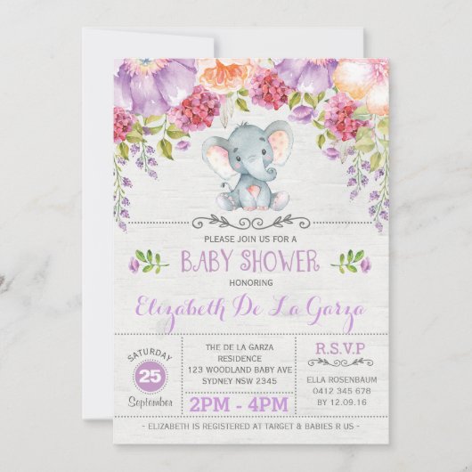 Paarse Bloemen Olifant Baby Meisje Douche Uitnodig Kaart (Voorkant)