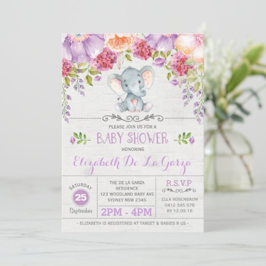 Paarse Bloemen Olifant Baby Meisje Douche Uitnodig Kaart (Staand voorkant)