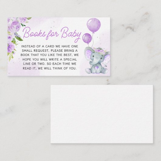 Paarse Bloemen Olifant Baby shower Boeken voor Bab Informatiekaartje (Voorkant / Achterkant)