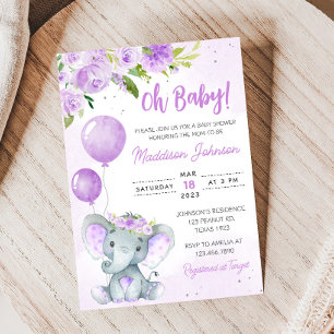 Paarse bloemen olifant Baby shower Kaart