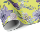 Paarse Bloemen op Geel Waterverf Verpakkingsdocume Cadeaupapier (Rol Hoek)