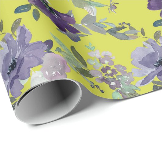 Paarse Bloemen op Geel Waterverf Verpakkingsdocume Cadeaupapier (Rol Hoek)