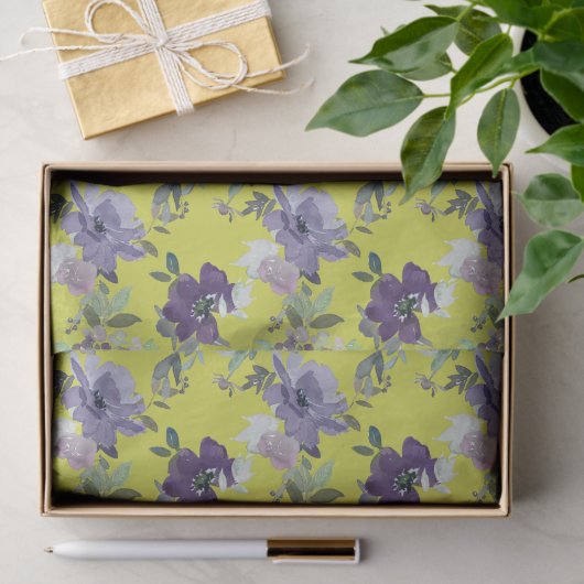 Paarse Bloemen op Gele Waterverf Tissuepapier (Geschenk)