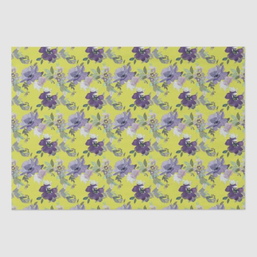 Paarse Bloemen op Gele Waterverf Tissuepapier (Voorkant)