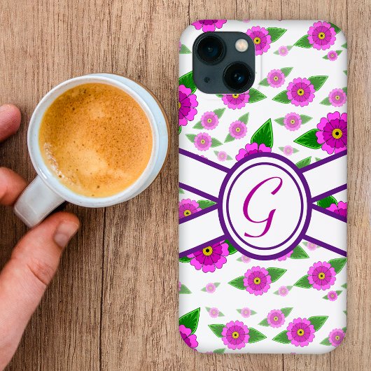 Paarse bloemen op maat monogram Case-Mate iPhone case