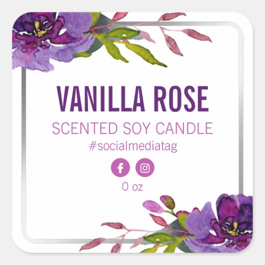 Paarse bloemen op witte productetiketten vierkante sticker (Voorkant)