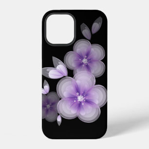 Paarse Bloemen op Zwart iPhone 12 Hoesje