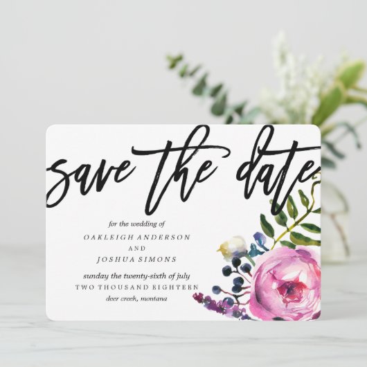  paarse bloemen opslaan van het datumscript save the date (Staand voorkant)
