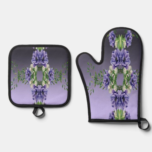 Paarse Bloemen Oven Mitt & Pot Houder Set (Voorkant)