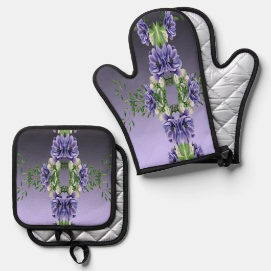 Paarse Bloemen Oven Mitt & Pot Houder Set (Voorkant / Achterkant)