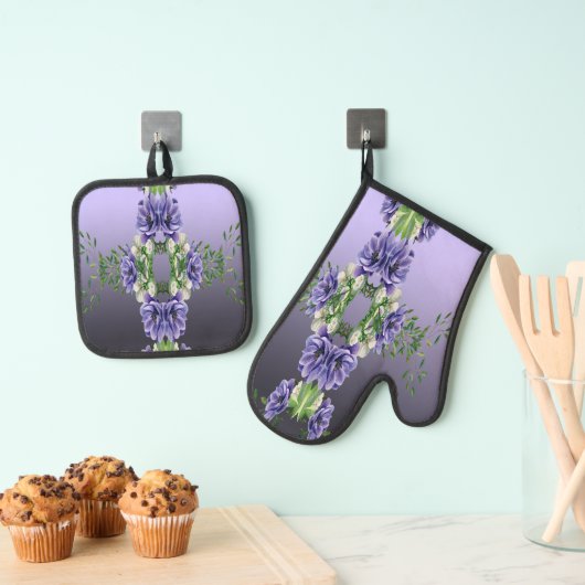 Paarse Bloemen Oven Mitt & Pot Houder Set (Insitu(Ophanging))